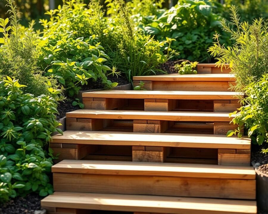 A set of rustic DIY pallet garden steps, each riser made from reclaimed wooden pallets, arranged in a staggered pattern leading up a lush, verdant garden bed. The steps are illuminated by warm, natural sunlight filtering through the leaves of thriving herb plants like basil, rosemary, and oregano. The scene conveys a sense of handcrafted charm and a connection to nature, inviting the viewer to envision themselves tending to a bountiful, homegrown herb garden.