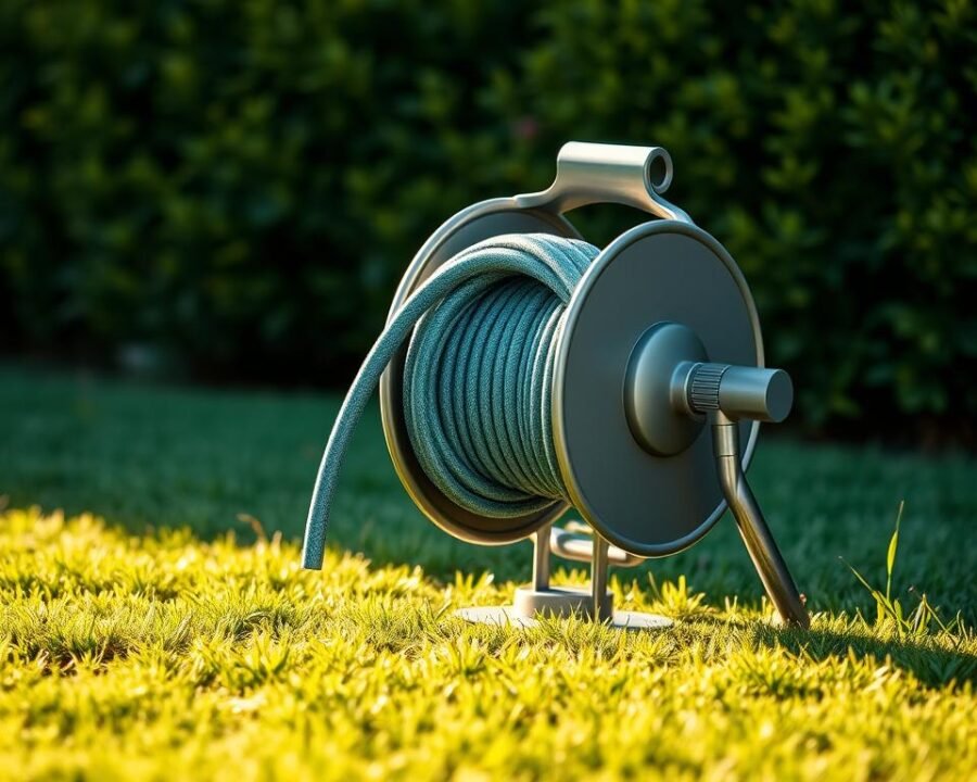 A sleek, modern garden hose reel standing firmly on a lush, verdant lawn. The reel's metallic frame gleams in the warm, afternoon sunlight, complemented by the smooth, textured finish of its winding mechanism. Meticulously engineered coils of the hose emerge gracefully from the center, ready to effortlessly extend and retract at the user's command. The reel's compact, yet sturdy design seamlessly integrates into the harmonious outdoor setting, blending functionality and aesthetics. Soft shadows cast by the reel create a sense of depth and three-dimensionality, inviting the viewer to examine its refined details and appreciate the craftsmanship. A tranquil, inviting atmosphere pervades the scene, reflecting the quality and reliability of this retractable garden hose reel.