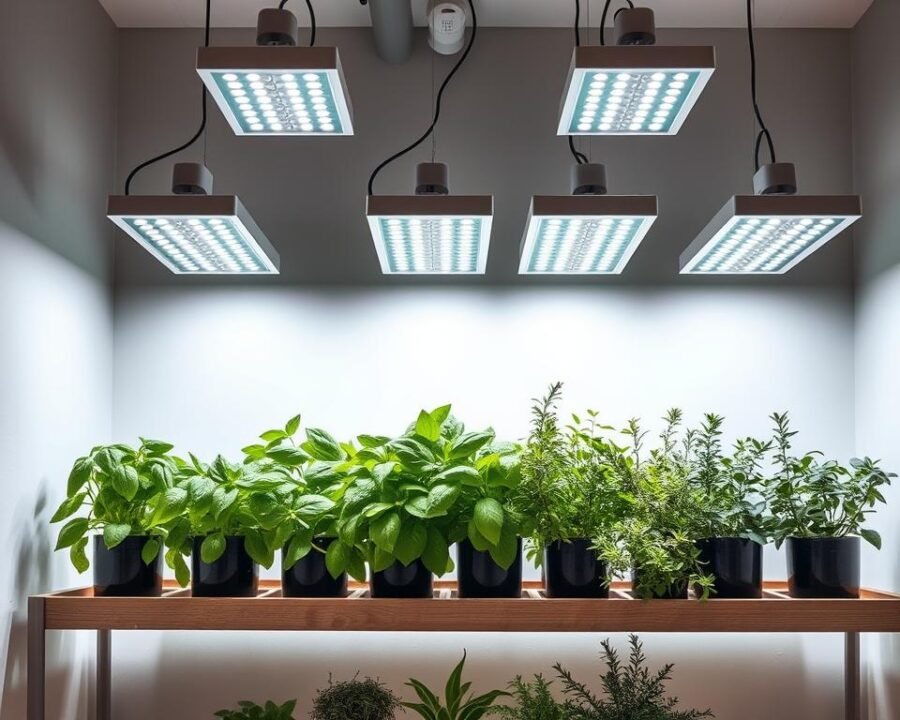 A sleek, modern indoor herb garden with an array of LED grow lights illuminating a lush, verdant assortment of basil, thyme, and rosemary plants. The lights are suspended from the ceiling, casting a soft, even glow over the potted herbs arranged on a clean, minimalist wooden shelving unit. The lighting system features adjustable intensity and color temperature settings, allowing for optimal plant growth. The scene exudes a sense of calm and tranquility, perfect for an at-home, indoor herb garden setup.