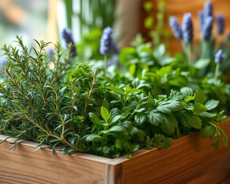 A small, lush herb garden nestled in natural light, featuring a variety of fresh, aromatic herbs arranged in a visually appealing layout. The foreground showcases thriving, verdant rosemary, thyme, and basil plants, their leaves gently swaying in a soft breeze. The middle ground introduces parsley, oregano, and chives, their vibrant colors and textures creating a harmonious composition. In the background, a touch of lavender adds a calming, soothing presence, while the overall scene is framed by a wooden planter box and a hint of a warm, earthy background. The lighting is soft and diffused, casting a gentle glow that enhances the natural beauty of the herbs and creates a serene, inviting atmosphere.