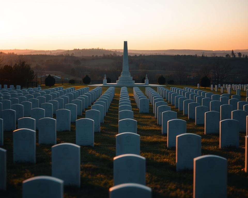 A somber outdoor scene at a veterans' cemetery. In the foreground, rows of pristine white headstones stand in reverent silence, each a testament to a life of service. The middle ground features a central monument, its solemn design casting long shadows across the well-manicured lawn. In the background, a serene landscape unfolds, with rolling hills and a horizon tinged with the warm glow of the setting sun. The overall atmosphere is one of dignity, respect, and quiet contemplation, honoring the sacrifices of those who have served their country.