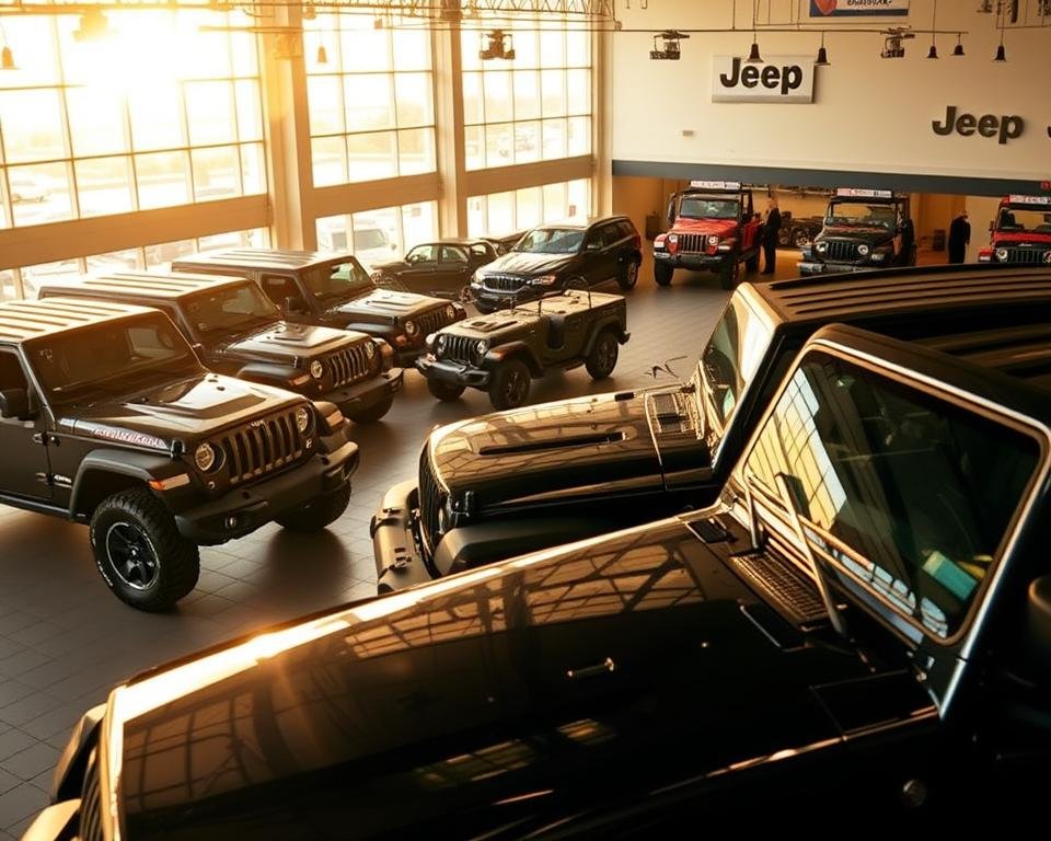 A sprawling Jeep showroom, bathed in warm, natural light filtering through large windows. In the foreground, a row of gleaming, meticulously detailed Jeep models in various trims and colors, inviting visitors to explore their rugged capabilities. The middle ground features additional Jeeps arranged in an organized, visually appealing manner, showcasing the breadth of the dealer's inventory. In the background, the showroom space opens up, revealing a well-stocked service area and a team of skilled technicians, ready to maintain and repair these iconic off-road vehicles. The overall atmosphere conveys a sense of adventure, capability, and the promise of exploring the great outdoors with a Jeep at one's command.