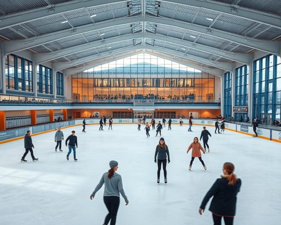 A sprawling indoor ice rink, the Parade Ice Garden exudes a warm, welcoming atmosphere. In the foreground, skaters glide across the pristine ice, their blades carving graceful arcs. The middle ground features locker rooms, a snack bar, and rental counters, all adorned with sleek, modern design. In the background, floor-to-ceiling windows flood the space with natural light, casting a soft, ambient glow. The rink is surrounded by comfortable seating areas, perfect for spectators to enjoy the lively scene. Overhead, the high-ceilinged arena is illuminated by a soft, ambient lighting system that sets the mood for a delightful ice skating experience. The overall effect is one of a well-equipped, family-friendly facility that caters to all levels of skaters.