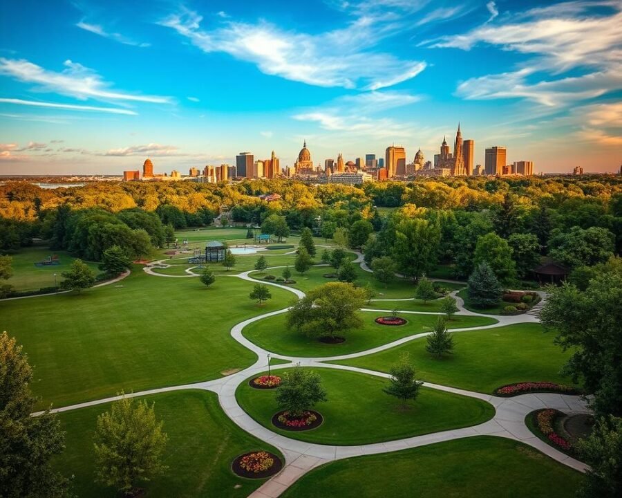 A sprawling landscape of lush greenery, winding paths, and serene ponds set against the backdrop of Milwaukee's urban skyline. In the foreground, a well-manicured park dotted with picnic tables, playgrounds, and sports fields. Meandering through the middle ground, a network of walking trails flanked by vibrant flower beds and towering trees. In the distance, the iconic silhouettes of historic pavilions and landmarks peek through the verdant foliage, bathed in warm, golden sunlight filtered through wispy clouds. This idyllic scene captures the essence of Milwaukee County Parks - a haven of natural beauty and recreational opportunities within the bustling city.