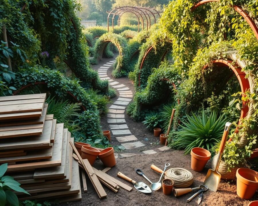 A sprawling spiral garden bursting with lush greenery and an assortment of construction materials. In the foreground, neatly stacked wooden planks, terracotta pots, and coils of rope lie ready to be transformed into the sculptural garden beds. The middle ground showcases a collection of gardening tools - shovels, trowels, and pruning shears - gleaming under the warm, golden light. In the background, a winding path leads deeper into the verdant oasis, flanked by cascading vines and towering trellises. The entire scene exudes a sense of tranquility and anticipation, as if the materials are awaiting the skilled hands of a gardener to bring the spiral design to life.