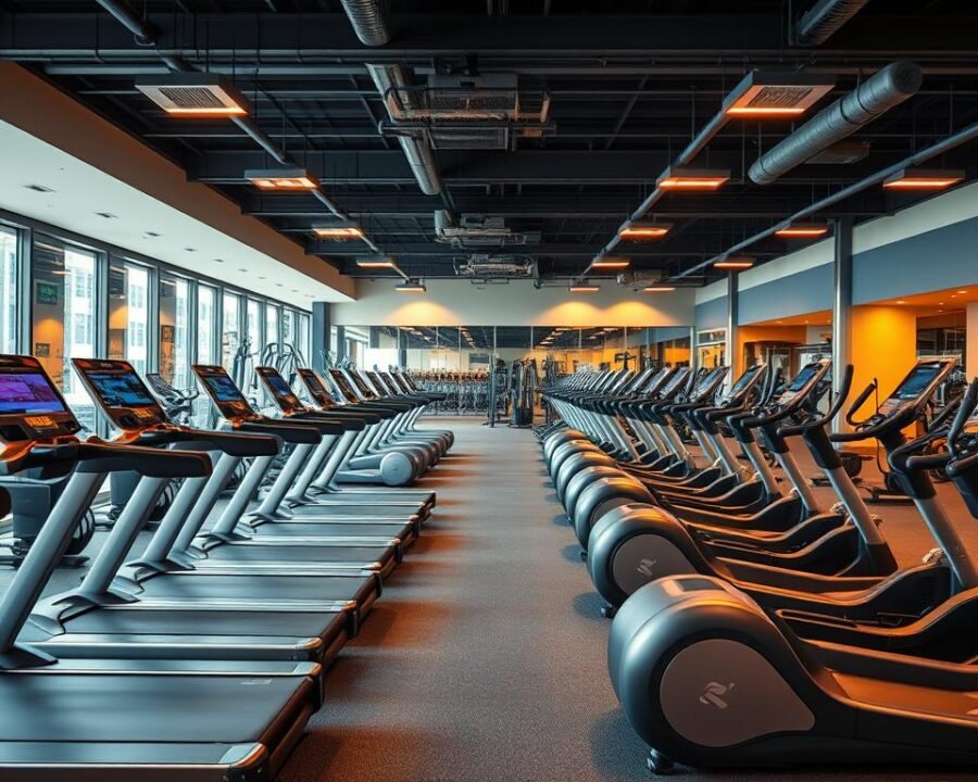 A state-of-the-art gym filled with cutting-edge equipment for every fitness level. In the bright, well-lit foreground, sleek, futuristic machines stand ready, their smooth surfaces gleaming under the warm, focused lighting. Cardio equipment like treadmills and ellipticals occupy the middle ground, their digital displays and ergonomic designs showcasing the latest advancements. In the background, a spacious, open layout allows for free weights, resistance training machines, and functional fitness gear, all meticulously arranged to create a harmonious, streamlined atmosphere. The overall scene conveys a sense of innovation, efficiency, and a commitment to empowering individuals on their fitness journeys.