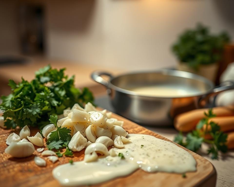 A step-by-step guide to creating a rich, creamy garlic herb sauce. In the foreground, a wooden cutting board with freshly chopped garlic, parsley, and other aromatic herbs. In the middle ground, a saucepan simmering with a smooth, velvety sauce, gently bubbling. The background features a neutral, clean kitchen setting, bathed in warm, soft lighting that accentuates the inviting textures and colors. The overall mood is one of culinary expertise and mouthwatering anticipation, reflecting the delicious instructions for the Olive Garden-inspired garlic herb sauce.