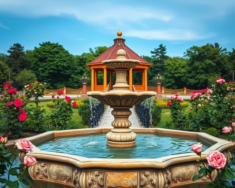 A stunning, high-resolution photograph of the picturesque Heffelfinger Fountain in Lyndale Park Rose Garden, Minneapolis. In the foreground, the elegant, tiered stone fountain cascades with sparkling, crystal-clear water, surrounded by lush, well-manicured rose bushes in full bloom. In the middle ground, the iconic Lyndale Park pavilion stands majestically, its classic architecture and warm, golden hues complementing the serene garden scene. The background features a verdant, tree-lined landscape, creating a peaceful, nature-inspired ambiance. The image is captured under soft, diffused natural lighting, emphasizing the fountain's intricate details and the vibrant colors of the roses. The overall composition showcases the fountain as a captivating focal point within the beautiful Lyndale Park Rose Garden.