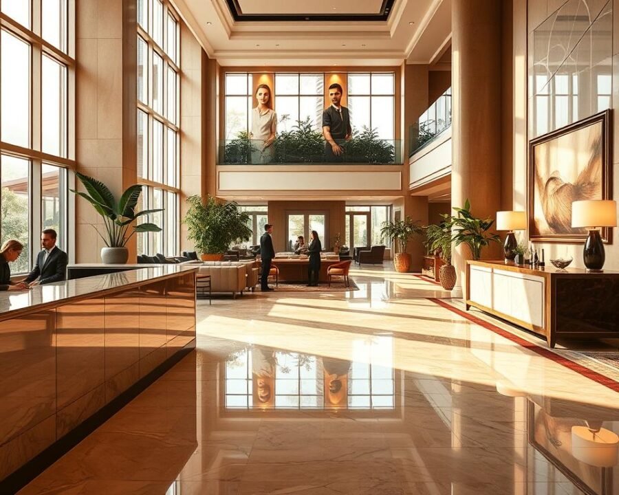 A stunning hotel lobby with a grand, marble-clad reception desk in the foreground. Warm lighting filters through large windows, casting a cozy glow on the polished floors and plush seating areas. In the middle ground, well-dressed hotel staff attend to guests with attentive, personalized service. The background features elegant decor, lush potted plants, and artwork that exudes a sense of refined hospitality. An atmosphere of exceptional comfort, care, and attention to detail permeates the scene, reflecting the high-quality experience promised to every guest.