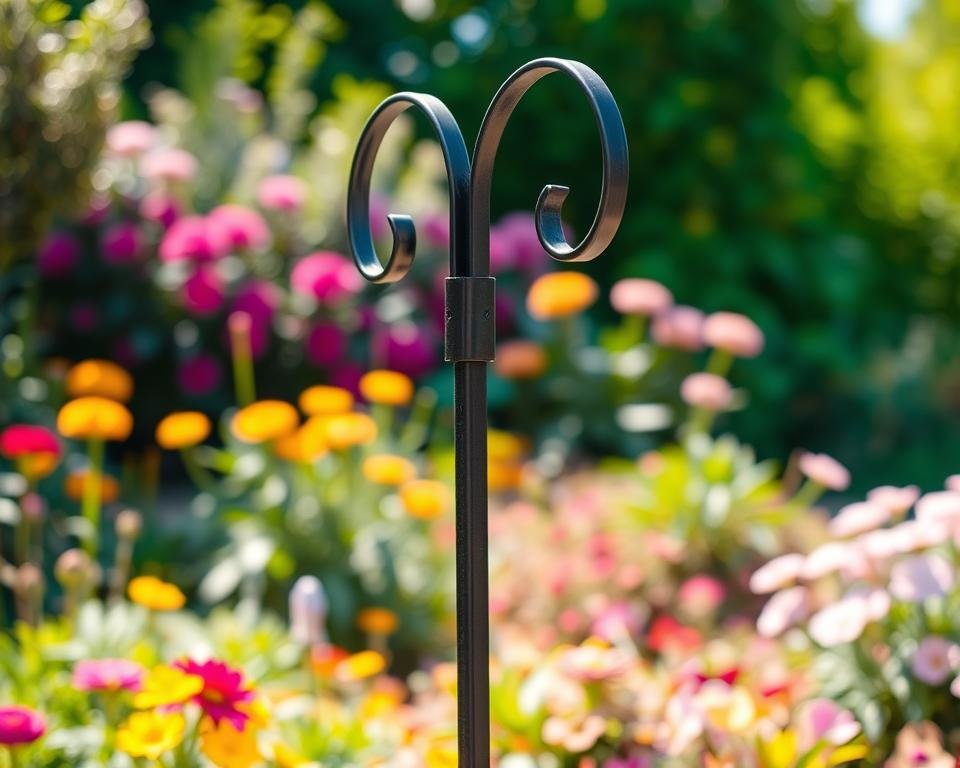 A sturdy, metal garden flag hanger standing in a lush, vibrant garden. The hanger features a sleek, curved design with a matte black finish, perfectly complementing the natural surroundings. Sunlight casts warm, soft shadows across the hanger, highlighting its robust construction. In the background, a mix of colorful flowers and verdant foliage create a picturesque, serene atmosphere. The camera captures the hanger from a low angle, emphasizing its sturdy, reliable presence, ready to securely hold a variety of garden flags.