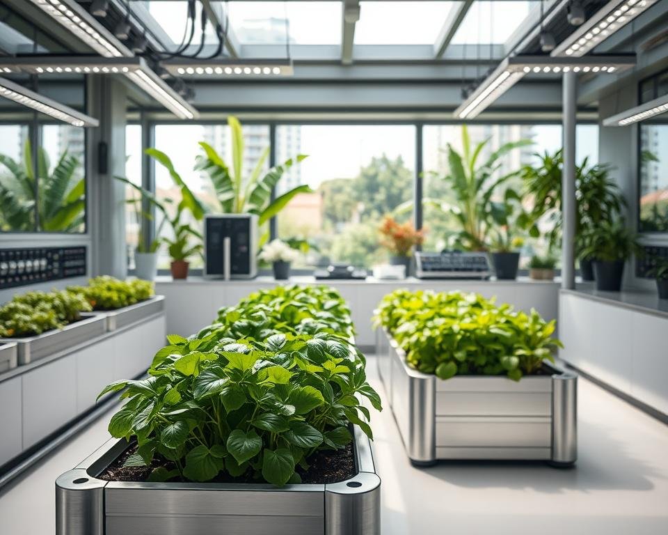 A stylish and modern hydroponic system, set against a bright, airy backdrop. In the foreground, sleek metal and glass planters showcase thriving herbs and leafy greens, their verdant foliage a vibrant contrast to the clean, minimalist design. The middle ground features a well-organized array of control panels and LED grow lights, bathed in a soft, indirect lighting that emphasizes the system's technological sophistication. In the background, a panoramic window overlooks a lush, urban garden, creating a sense of integration between the indoor and outdoor spaces. The overall aesthetic is one of contemporary elegance and functional efficiency, inspiring the viewer to consider the beauty and practicality of cultivating an indoor herb garden.
