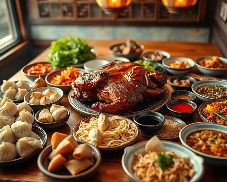 A sumptuous spread of authentic Chinese cuisine, artfully presented on a wooden table under soft, warm lighting. In the foreground, delicate dumplings, steaming buns, and fragrant noodle dishes; in the middle, a whole roasted Peking duck with crispy skin and tender meat; in the background, a selection of vibrant stir-fried vegetables and aromatic sauces. The scene exudes a cozy, inviting atmosphere, evoking the comforts of a traditional Chinese family meal. A 50mm lens captures the depth and richness of the culinary masterpieces, drawing the viewer in to savor the flavors and aromas.