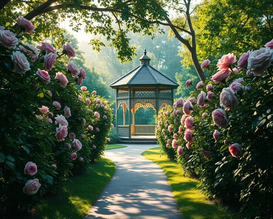 A sun-dappled garden path meanders through a lush, verdant oasis, framed by towering rose bushes in full bloom. Soft, diffused light filters through the canopy of trees, casting a warm, golden glow across the scene. In the distance, a picturesque gazebo stands as a focal point, its intricate woodwork and delicate trellises creating a sense of timeless elegance. The air is filled with the sweet, floral scent of the blooming roses, inviting visitors to pause and immerse themselves in the serene tranquility of this idyllic urban garden haven.