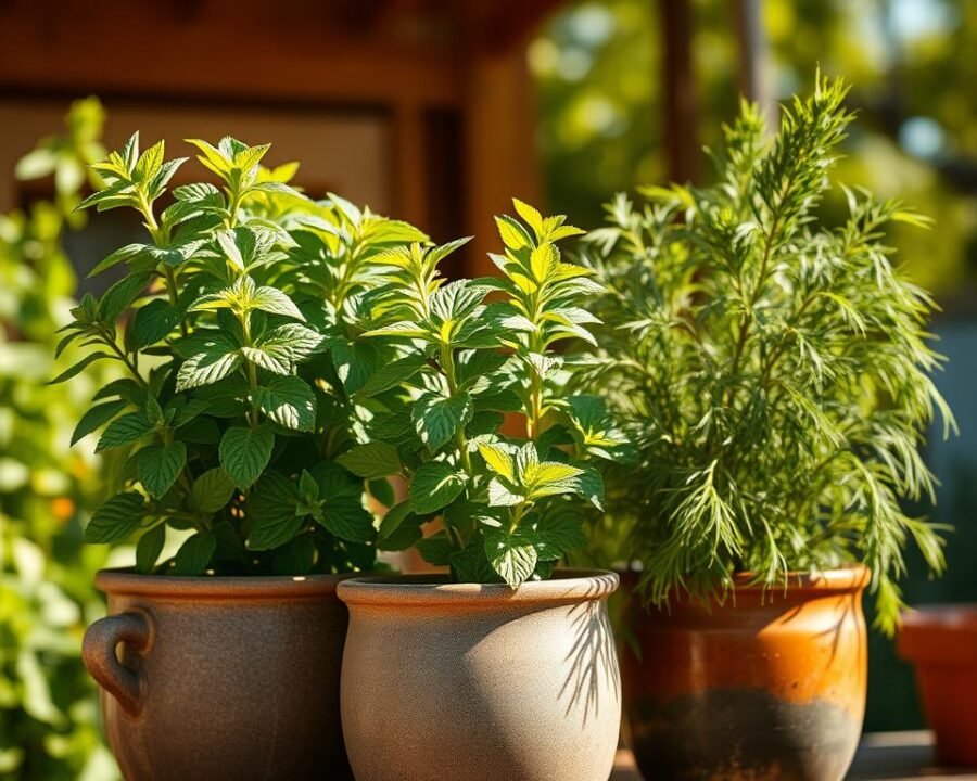 A sun-dappled herb garden scene, a trio of thriving potted plants stand proudly - mint, lemon verbena, and dill. The plants are lush and vibrant, their leaves rustling gently in a soft breeze. The containers are simple, ceramic vessels in earthy tones, complementing the natural hues of the herbs. Warm, golden light filters through, casting gentle shadows and highlighting the plants' delicate textures. The overall mood is one of serene abundance, inviting the viewer to imagine the aromatic, flavorful potential of these resilient, container-friendly herbs.