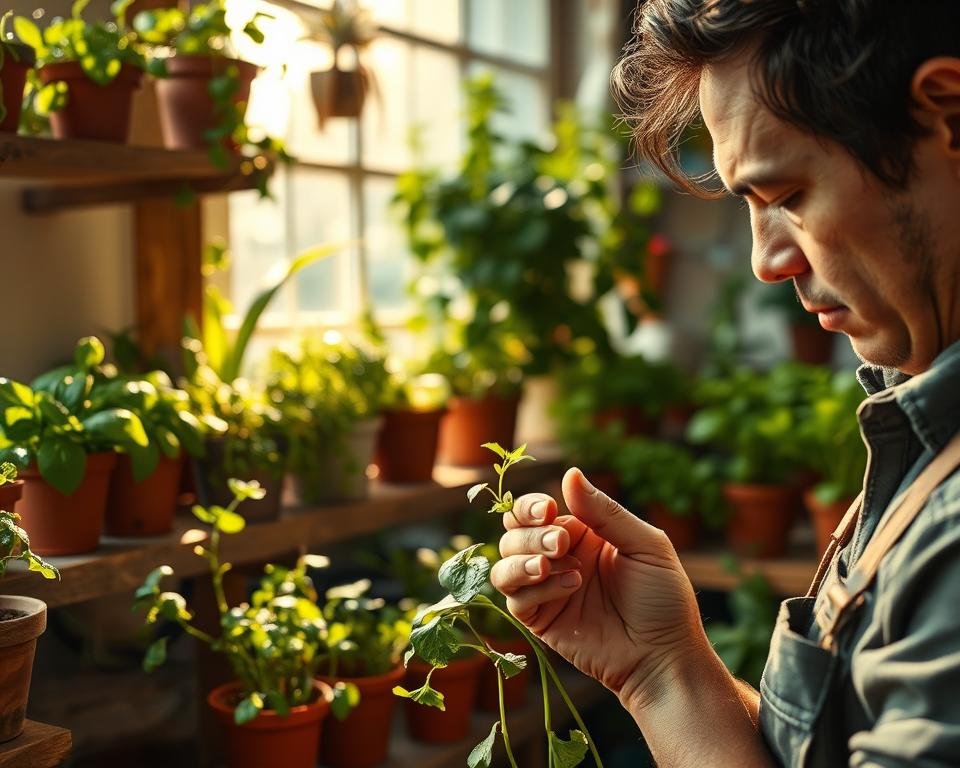 A sun-dappled indoor herb garden, with various plants arranged on wooden shelves. In the foreground, a gardener examines a wilting herb, furrowing their brow in concentration. The middle ground showcases thriving herbs in terracotta pots, their leaves glistening with water droplets. In the background, a window filters warm, natural light, casting a soft glow over the scene. The overall atmosphere conveys a sense of tranquility and problem-solving, as the gardener works to diagnose and remedy the issue at hand.