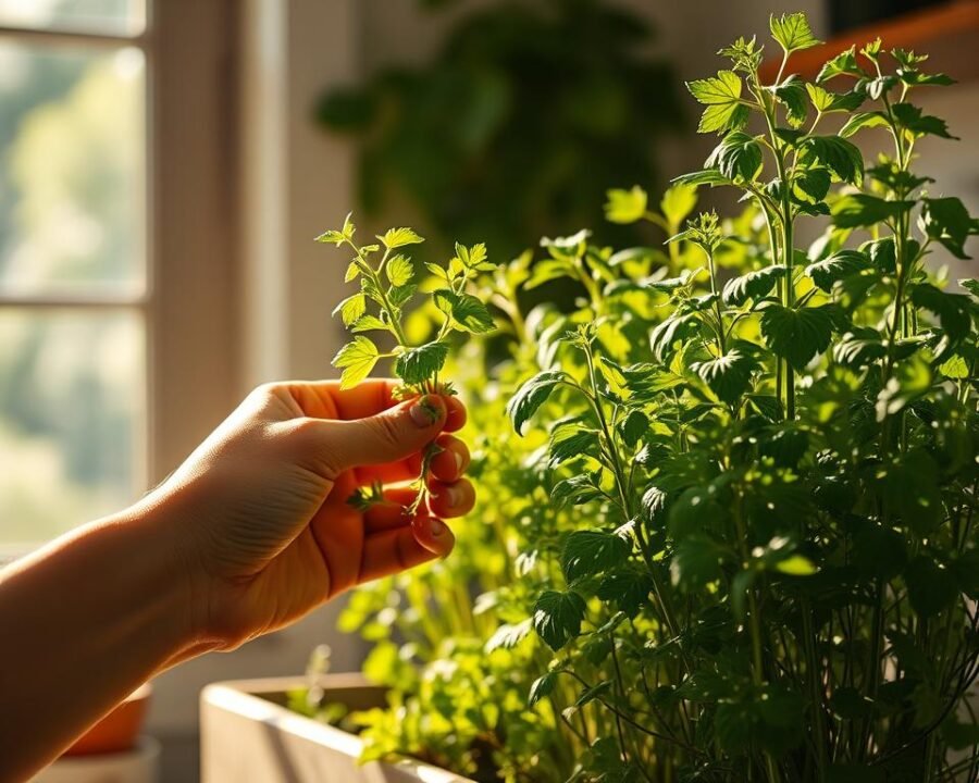 A sun-dappled kitchen garden, with lush, verdant herb plants standing tall in a well-tended planter. A human hand, delicate yet sure, carefully plucks fragrant leaves from the stems, their vibrant green hues catching the soft, golden light filtering through the nearby window. The scene exudes a sense of tranquility and abundance, with the thoughtful act of harvesting imbuing the moment with a tactile, sensory quality. The camera's angle is slightly elevated, allowing the viewer to observe the process with an intimate, yet objective perspective, as if bearing witness to a carefully choreographed ritual. The overall mood is one of serene productivity, inviting the viewer to imagine the flavorful possibilities that await from this simple, yet meaningful act of tending to one's homegrown herbs.