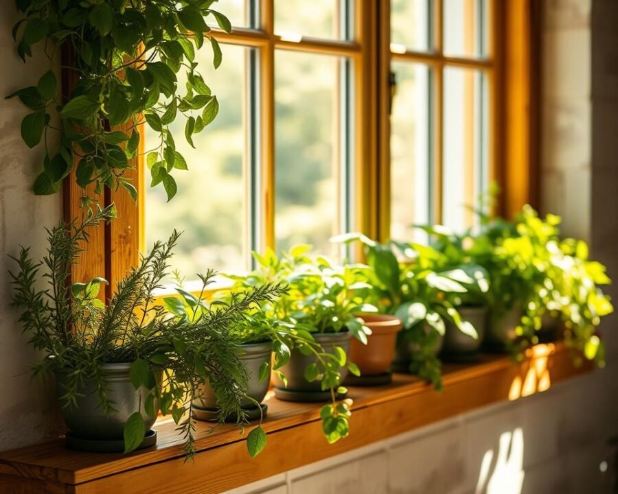 A sun-dappled kitchen windowsill, adorned with a row of thriving herb planters. Lush sprigs of rosemary, basil, and thyme cascade over the edges, their vibrant greens contrasted by the warm, weathered wood of the sill. The indirect lighting filters through the window, casting a soft, golden glow and creating depth and dimension. The scene exudes a sense of serene, rustic elegance, inviting you to pause and savor the natural beauty of a well-tended kitchen garden.