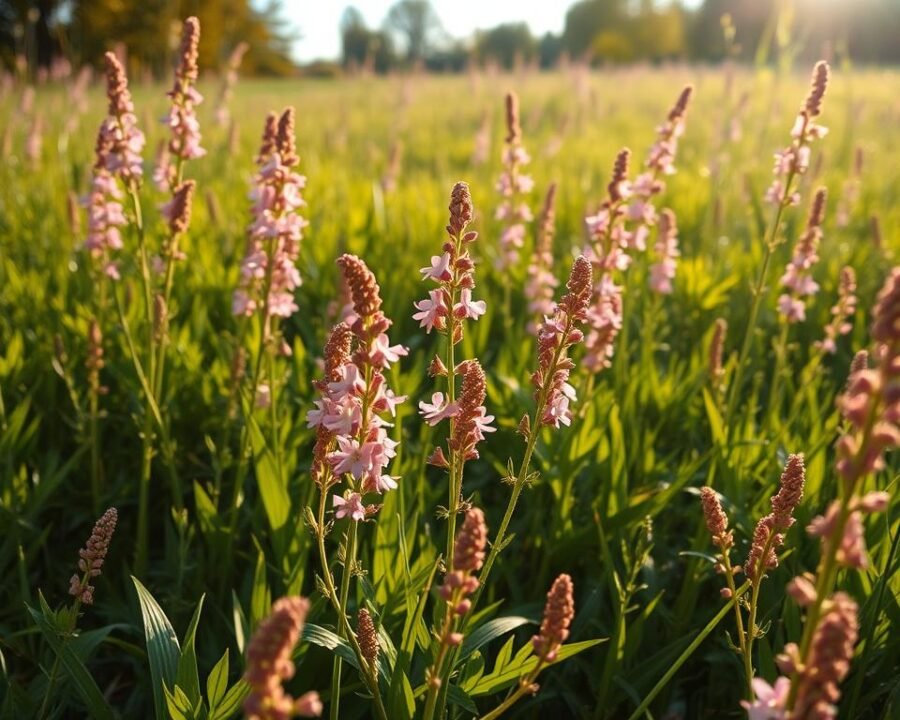 A sun-dappled meadow, lush with willow herb in full bloom. Delicate pink flowers sway gently in the breeze, their petals catching the warm golden light. The foreground is a carpet of verdant foliage, the middle ground dotted with the tall, graceful stems rising from the rich, fertile soil. In the background, a hint of shimmering undergrowth and distant trees, creating a serene, natural atmosphere. The composition is balanced, the lighting soft and diffused, inviting the viewer to imagine the tranquil sounds and scents of this perfect spot to cultivate the willow herb.