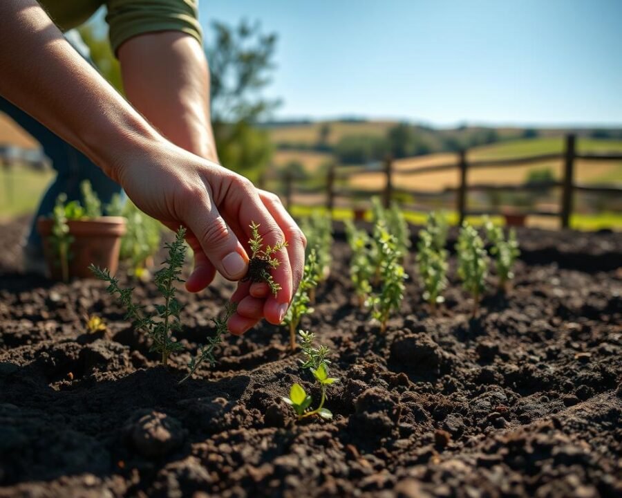 A sun-dappled outdoor scene of a gardener's hands delicately planting thyme seeds and seedlings in a well-tended garden bed. The foreground shows the hands carefully pressing the tiny seeds into the rich, dark soil, while the middle ground reveals the lush, green thyme plants awaiting transplantation. The background features a picturesque rural landscape, with rolling hills, a wooden fence, and a clear blue sky overhead, bathing the scene in warm, natural light. The overall mood is one of serene productivity, inviting the viewer to join in the satisfying task of growing this versatile, fragrant herb.