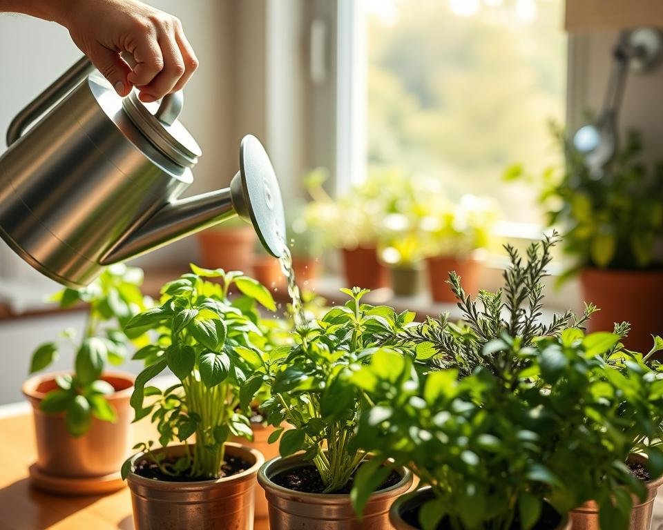 A sunlit kitchen counter with a variety of freshly potted herbs, including basil, thyme, and rosemary. In the foreground, a gardener's hand gently waters the herbs with a watering can, ensuring the soil is evenly moistened. The middle ground showcases the vibrant green leaves and healthy stems of the herbs, while the background features a window overlooking a lush, verdant garden. The lighting is soft and diffused, creating a warm, inviting atmosphere that emphasizes the care and attention being given to the herbs. The overall scene conveys a sense of serenity and the joy of nurturing a thriving herb garden.
