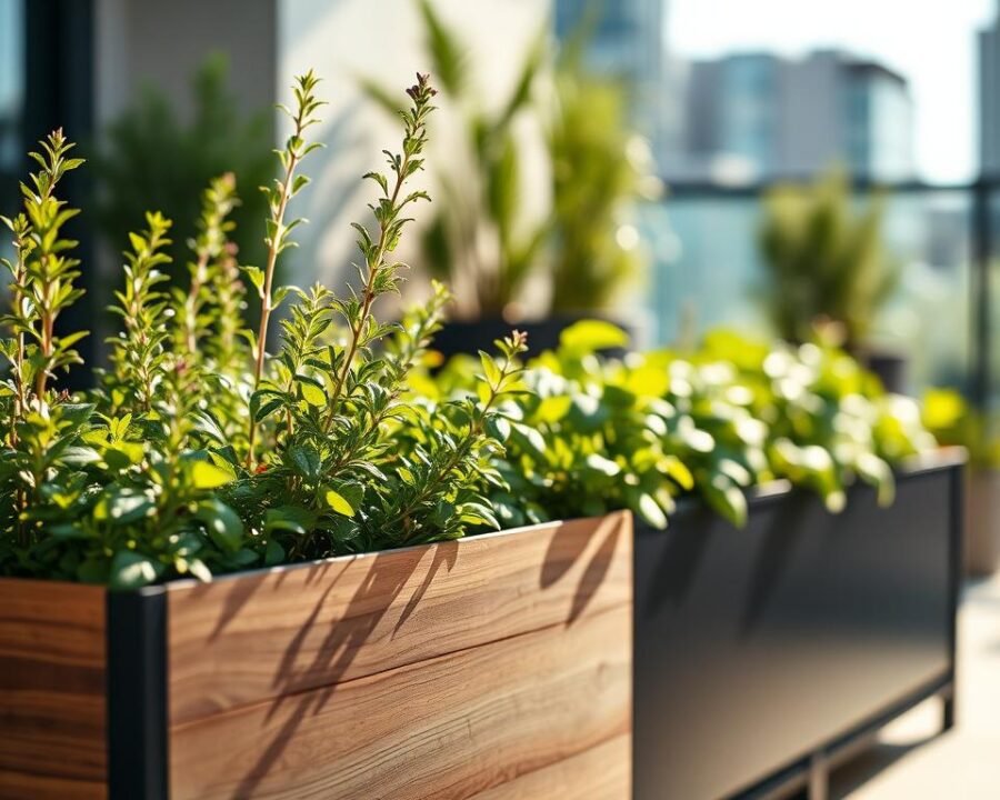A thriving herb garden in a modern, minimalist planter. The foreground features an assortment of lush, vibrant herbs - fragrant rosemary, robust thyme, and aromatic basil, their leaves gently swaying in the soft, warm light. The middle ground showcases the sleek, rectangular planter crafted from natural wood and matte black metal, blending seamlessly with the verdant foliage. In the background, a blurred, sun-dappled patio or balcony setting, hinting at the perfect outdoor oasis for this tranquil herb sanctuary. The overall scene exudes a sense of serene, urban elegance - an inviting tableau for the discerning gardener.