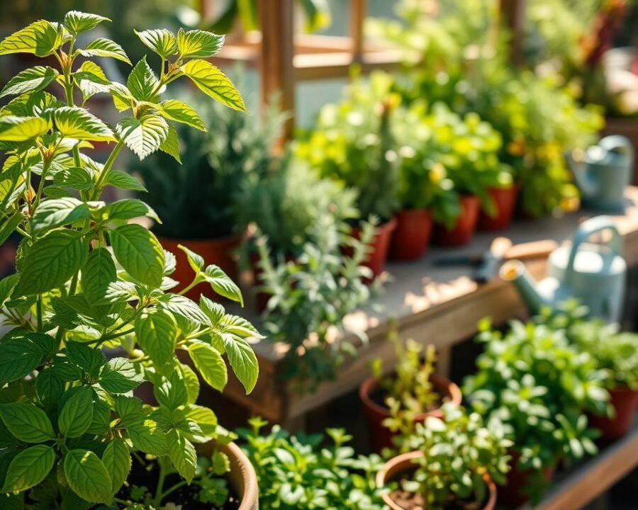 A thriving herb garden with lush, vibrant plants in natural sunlight. The foreground features a close-up view of a potted basil plant, its delicate leaves gently swaying. The middle ground showcases an assortment of potted herbs, including rosemary, thyme, and oregano, arranged harmoniously. In the background, a wooden garden table or potting bench provides a rustic, earthy setting, with tools and watering cans nearby, conveying a sense of care and attention. The lighting is soft and warm, creating a calming, inviting atmosphere that emphasizes the beauty and vitality of the herb plants.
