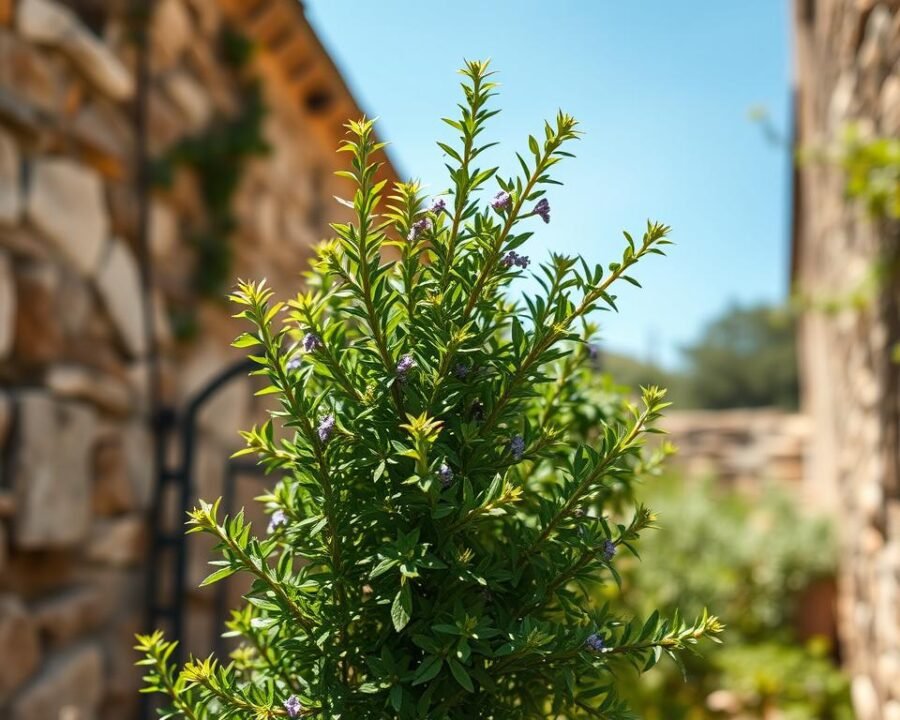 A thriving oregano plant in a sunlit Mediterranean garden, its deep green, aromatic leaves gently swaying in a warm breeze. The plant stands tall, its bushy foliage framed by a backdrop of weathered stone walls and a clear blue sky. Soft, diffused lighting illuminates the plant's intricate texture, highlighting the delicate purple flowers that dot the lush greenery. The scene exudes a sense of tranquility and culinary potential, inviting the viewer to envision the flavorful possibilities of this essential herb.