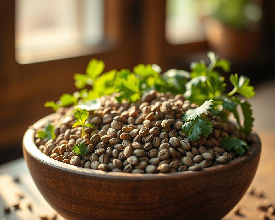 A tightly composed still life of organic herb seeds in a rustic wooden bowl, illuminated by warm natural light filtering through a window. The seeds are arranged in an artful display, showcasing their intricate patterns and vibrant colors - from the deep earthy brown of fennel to the mottled greens of cilantro. The composition is balanced, with the bowl anchoring the foreground and the background softly blurred, creating a sense of depth and focus on the delicate seeds. The overall mood is one of simplicity, authenticity, and a celebration of the natural beauty of these essential culinary ingredients.