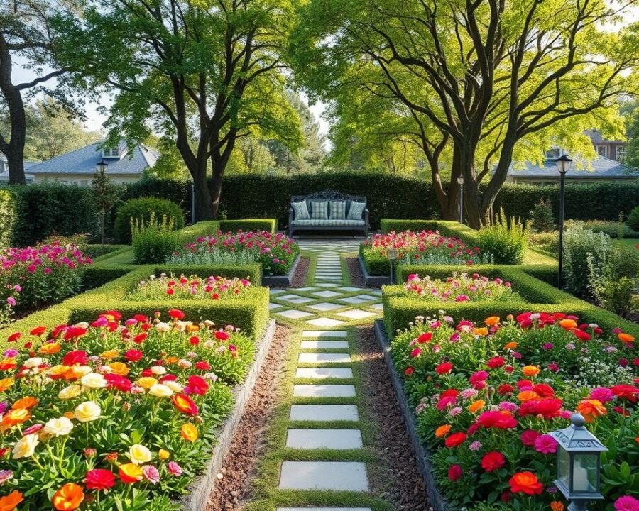 A tranquil garden layout plan unfolds, meticulously designed to create a harmonious outdoor oasis. In the foreground, neatly arranged flower beds brim with vibrant blooms, their colors dancing in the soft, natural lighting. The middle ground features winding pathways lined with lush greenery, inviting exploration. In the background, a cozy seating area beckons, framed by a canopy of verdant trees casting gentle shadows. The overall composition exudes a sense of balance, order, and serenity, reflecting the "Time Life" principles of thoughtful garden design. A wide-angle lens captures the scene, highlighting the perfect symmetry and attention to detail that define this picturesque garden layout.
