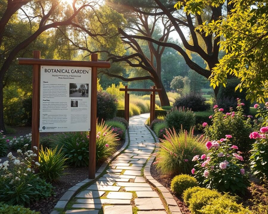 A tranquil garden path leading to a wooden sign post with detailed visitor information, surrounded by lush foliage and vibrant blooms. Warm afternoon sunlight filters through the trees, casting a gentle glow over the scene. The sign displays essential details about hours, admission fees, and highlights of the botanical garden. In the foreground, a well-maintained stone walkway invites visitors to explore the natural wonders beyond. The middle ground features flourishing plants and shrubs in a variety of colors and textures, hinting at the diverse flora within. In the background, the canopy of mature trees frames the inviting entryway, creating an atmosphere of peaceful discovery.