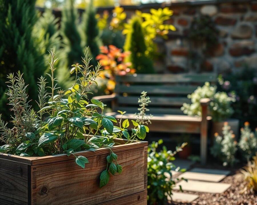 A tranquil herb garden in the changing seasons, sunlight filtering through lush foliage. In the foreground, a wooden planter holds a variety of thriving herbs - fragrant rosemary, vibrant basil, and delicate thyme. The middle ground shows a weathered garden bench, surrounded by a mix of evergreen and deciduous plants, their colors shifting with the cycle of the year. In the background, a stone wall frames the scene, casting soft shadows. The lighting is warm and natural, highlighting the textures and hues of the plants. An atmosphere of calm and nurturing care pervades the image, inviting the viewer to experience the rhythm of the seasons and the gentle tending of a bountiful herb garden.
