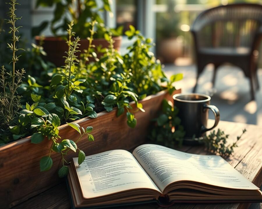 A tranquil herb garden scene, bathed in soft morning light. In the foreground, a wooden planter overflows with thriving herbs - fragrant rosemary, vibrant basil, and lush oregano. Delicate dew glistens on the leaves, as if nature itself is nourishing the plants. In the middle ground, a weathered gardening journal lies open, its pages detailing tips for daily herb care - watering schedules, pruning techniques, and pest management. The background reveals a cozy patio, with a wicker chair and a steaming mug of tea, setting the stage for a peaceful morning ritual of tending to the herbs. An intimate, inviting atmosphere that inspires a connection with the natural world.