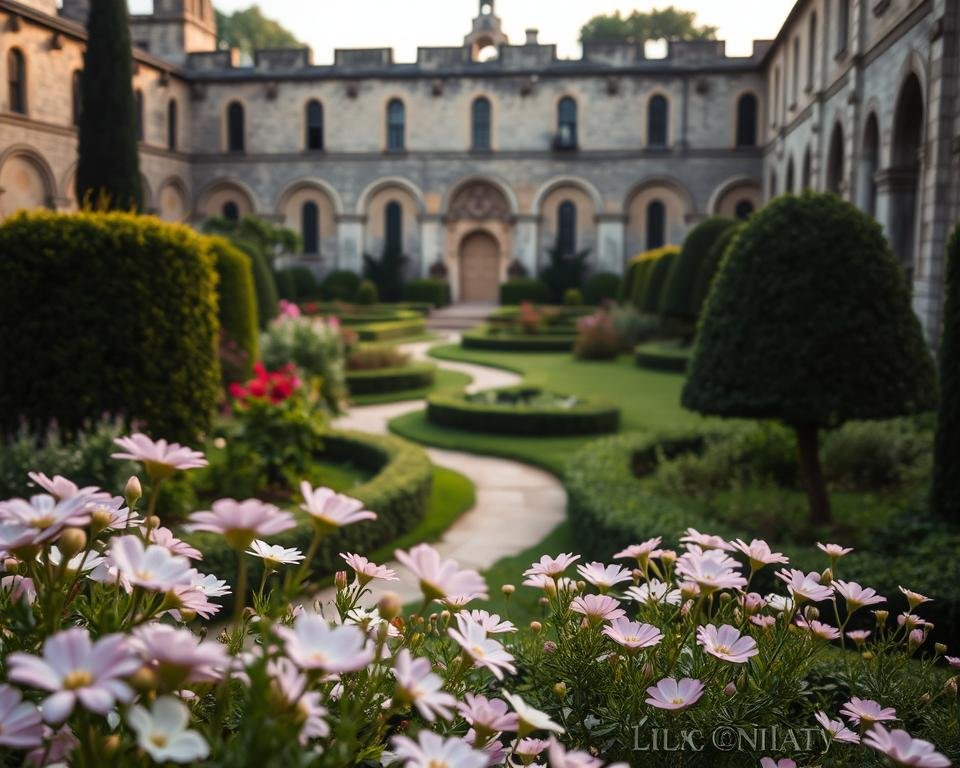 A tranquil monastery garden, its paths winding through lush greenery. In the foreground, a colorful tapestry of flowers - delicate petals in shades of pink, purple, and white, their soft forms basking in the gentle light. Midground, sculpted hedges and ornamental shrubs frame the scene, creating a sense of serene enclosure. In the distance, the stately walls of the monastery rise, their weathered stone imbuing the space with a timeless, contemplative air. The lighting is soft and diffused, casting a warm, golden glow that enhances the garden's serene atmosphere. Capture this harmonious blend of natural beauty and architectural elegance, a sanctuary where flowers bloom in peaceful meditation.