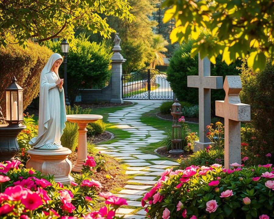 A tranquil religious garden sanctuary, bathed in warm, golden afternoon light. In the foreground, a serene statue of the Virgin Mary stands amidst a lush bed of vibrant flowers, their petals gently swaying. Surrounding the statue, tasteful religious decor including a birdbath, garden lanterns, and a weathered stone cross create a peaceful, contemplative atmosphere. In the middle ground, a winding stone path leads the eye towards a wrought-iron gate, hinting at the sacred space beyond. The background is framed by verdant trees and shrubbery, their shadows adding depth and dimension to the scene. An air of reverence and spiritual repose permeates the entire composition.