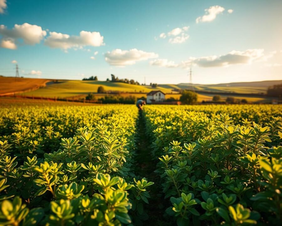 A verdant field bathed in warm, golden sunlight, with rows of lush oregano plants in the foreground. The plants are at the peak of their growing season, their vibrant green leaves glistening with dew. In the middle ground, a gardener kneels, carefully tending to the plants, ensuring their optimal growth. The background features a picturesque rural landscape, with rolling hills, a quaint farmhouse, and a clear blue sky dotted with fluffy white clouds. The scene conveys a sense of tranquility and the beauty of the natural world, perfectly capturing the essence of the optimal time and place to plant oregano for a bountiful harvest.