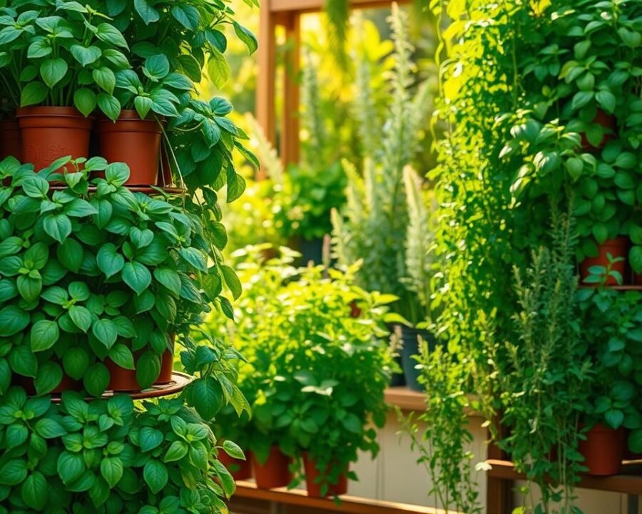 A verdant vertical herb garden, showcasing an array of lush, vibrant foliage. In the foreground, neatly arranged potted plants cascade down the tiered shelves, their leaves gently swaying in the soft natural light. The middle ground features a mix of culinary herbs like basil, rosemary, and thyme, their delicate stems and fragrant blossoms inviting a closer look. In the background, a wooden or metal frame supports the vertical structure, blending seamlessly with the greenery. The scene is bathed in a warm, golden glow, creating a serene, inviting atmosphere that evokes the joys of home-grown, sustainable herb gardening.
