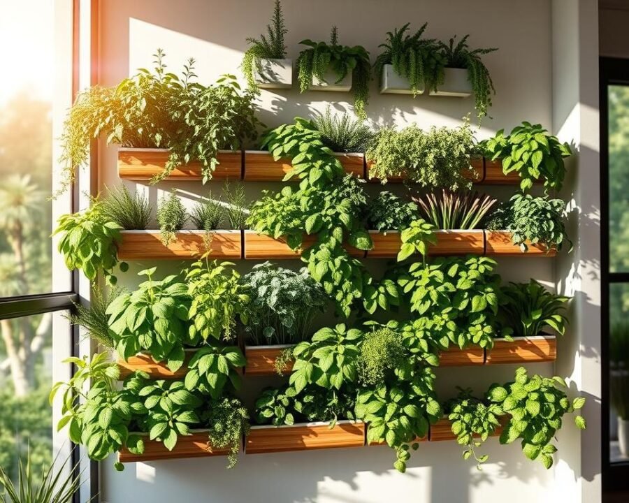 A vertical wall-mounted planter system showcasing an array of lush, vibrant herb plants. The planters feature a minimalist, sleek design with clean lines and a natural wood or metal finish. Sunlight streams in through large windows, casting a warm, inviting glow on the herbs. The planters are arranged in a symmetrical, organized manner, creating a visually appealing and functional kitchen herb garden. The herbs, such as basil, thyme, rosemary, and parsley, are thriving and lush, their leaves gently swaying in a soft breeze. The overall scene exudes a sense of tranquility and a connection to nature, perfectly complementing the "Space-Saving Herb Garden Ideas" theme.