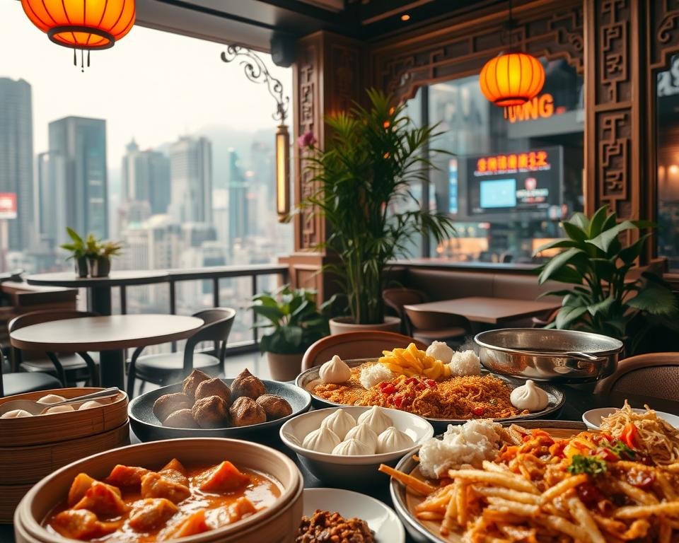 A vibrant Hong Kong cafe scene, captured in a soft, warm light. In the foreground, an array of traditional Cantonese dishes - steaming dim sum baskets, fragrant curries, and sizzling stir-fries. The middle ground showcases the cafe's elegant decor, with carved wooden accents and lush potted plants. In the background, a bustling cityscape of skyscrapers and neon signs, hinting at the dynamic energy of the city. The overall atmosphere is one of comfort, authenticity, and a celebration of Hong Kong's rich culinary heritage.