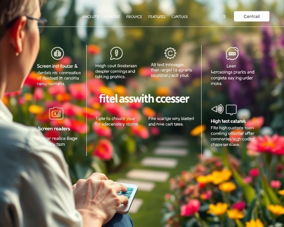 A vibrant, accessible website filled with intuitive features. In the foreground, a user navigates the site with ease, interacting with high-contrast buttons and large, readable text. The middle ground showcases various accessibility tools like screen readers, zoom controls, and alt-text descriptions. In the background, a serene garden scene with lush, colorful flowers reflects the tranquil, welcoming atmosphere of the website. Soft, diffused lighting and a warm, natural color palette create a calming, inviting ambiance. The overall composition conveys a sense of inclusivity and user-friendliness, making the website accessible to all.