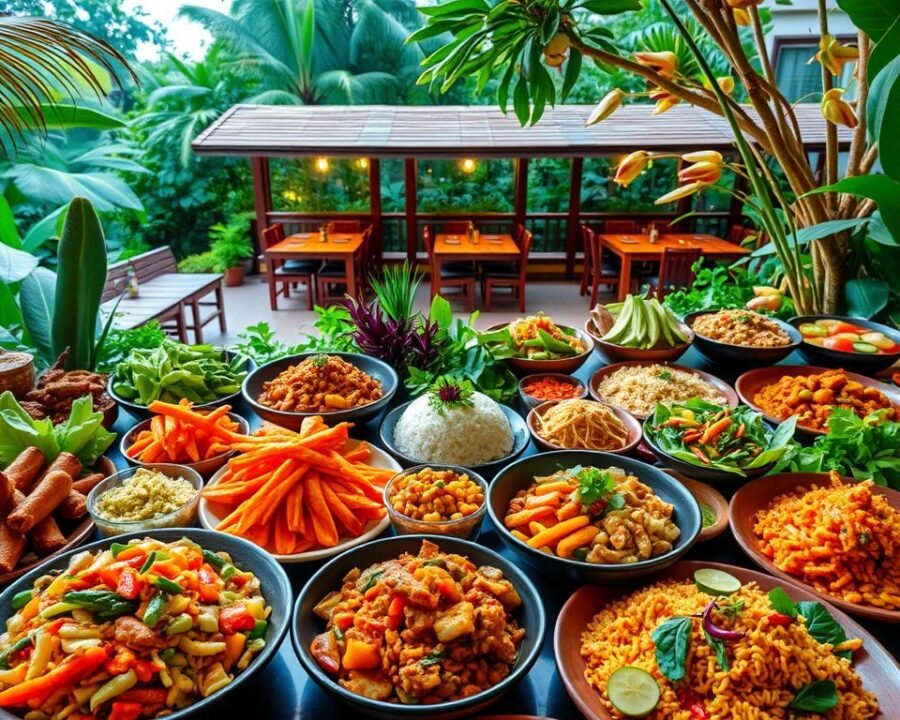A vibrant and appetizing spread of diverse vegetarian dishes set against the backdrop of a lush, tropical garden oasis. In the foreground, an array of colorful plant-based entrees, meticulously arranged with a keen eye for presentation - sizzling stir-fried vegetables, fragrant curries, hearty rice and noodle dishes, and fresh salads brimming with seasonal produce. The middle ground features an open-air dining terrace, with warm lighting and inviting seating areas, while the background showcases the verdant foliage and serene ambiance of the Bangkok Garden Hilltop setting. The overall scene exudes a sense of culinary abundance, health, and harmony, perfectly suited to showcase the extensive entree selection available to diners.
