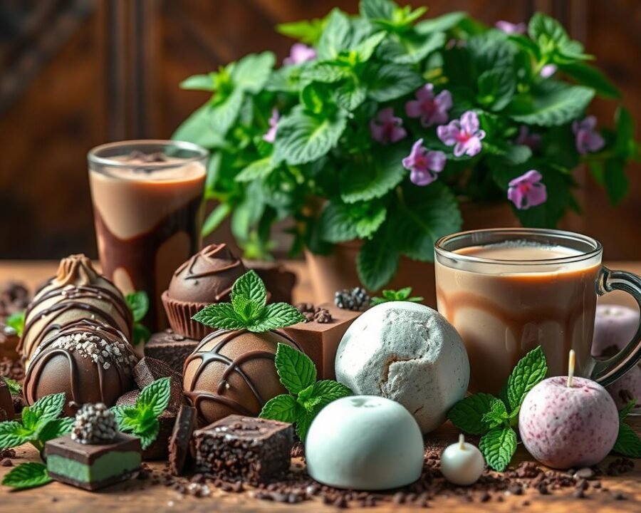 A vibrant and captivating image of creative uses for chocolate mint herb. In the foreground, a variety of tempting chocolate mint desserts and drinks are artfully arranged - from rich chocolate mint truffles, to a refreshing chocolate mint milkshake, to a steaming cup of chocolate mint hot cocoa. The middle ground showcases an assortment of chocolate mint-infused products, such as fragrant bath bombs, soothing lip balms, and scented candles. In the background, a lush and thriving chocolate mint plant is visible, its deep green leaves and purple flowers adding a natural, earthy element. The lighting is soft and warm, highlighting the inviting textures and colors of the scene. The overall mood is one of indulgence, relaxation, and the versatility of this delightful herb.