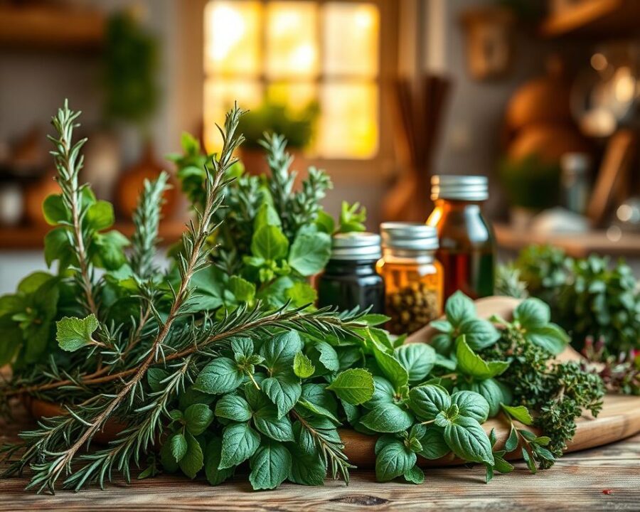 A vibrant and colorful still life arrangement depicting the health benefits of various herbs. In the foreground, a collection of fresh, verdant herbs such as rosemary, thyme, basil, and oregano, their leaves glistening with dew and arranged in an artful, asymmetrical composition. In the middle ground, a wooden board or surface showcases jars or bottles filled with herbal tinctures, essential oils, or dried herb bundles, suggesting the therapeutic and culinary uses of these plants. The background features a softly blurred kitchen or garden setting, with warm, natural lighting filtering through a window or door, casting a gentle glow over the scene. The overall mood is one of wellness, vitality, and the abundance of nature's gifts. A vibrant and colorful still life arrangement depicting the health benefits of various herbs. In the foreground, a collection of fresh, verdant herbs such as rosemary, thyme, basil, and oregano, their leaves glistening with dew and arranged in an artful, asymmetrical composition. In the middle ground, a wooden board or surface showcases jars or bottles filled with herbal tinctures, essential oils, or dried herb bundles, suggesting the therapeutic and culinary uses of these plants. The background features a softly blurred kitchen or garden setting, with warm, natural lighting filtering through a window or door, casting a gentle glow over the scene. The overall mood is one of wellness, vitality, and the abundance of nature's gifts.