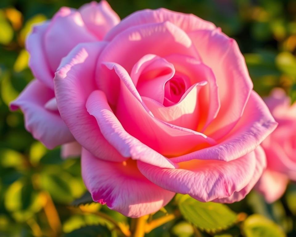 A vibrant and lush close-up image of a stunning Princess Miyuki garden rose in full bloom. The flower's delicate petals, in hues of soft pink and lavender, are bathed in warm, golden natural lighting, highlighting their velvety texture and creating a captivating, almost ethereal quality. The rose is set against a blurred, out-of-focus background of verdant foliage, allowing the beauty of the bloom to take center stage. The overall composition is elegantly framed, with a focus on the enchanting, almost fairytale-like quality of the Princess Miyuki rose.