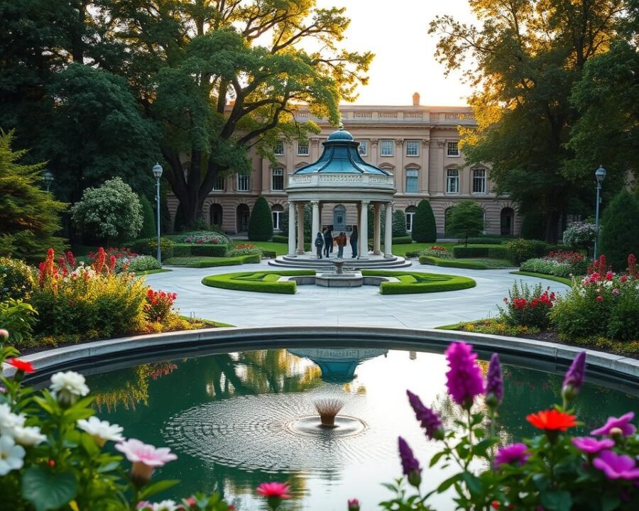 A vibrant and meticulously restored German-American Friendship Garden, with lush greenery, blooming flowers, and a serene reflecting pool in the foreground. In the middle ground, a small group of people admire the beautifully sculpted gazebo and the ornate stone pathways that wind through the garden. The background features a stately historical building, its façade illuminated by warm, golden sunlight filtering through the canopy of mature trees. The entire scene conveys a sense of tranquility, unity, and a harmonious blend of cultural influences, reflecting the restoration and revitalization efforts that have breathed new life into this iconic public space.