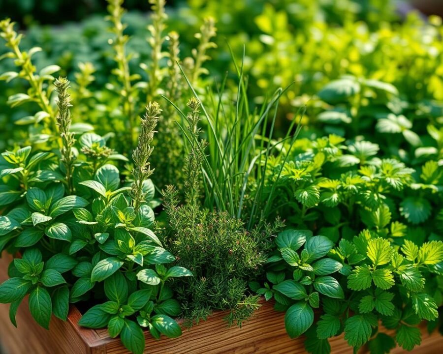 A vibrant and well-organized planter filled with a thriving herb garden. In the foreground, lush green sprigs of basil, rosemary, and oregano are growing together, their leaves casting gentle shadows. The middle ground features fragrant thyme, chives, and parsley, their stems reaching upwards towards the sun. In the background, a mix of mint and cilantro create a verdant, layered composition. The planter is made of natural wood, blending seamlessly with the earthy tones of the soil. Soft, diffused lighting from above casts a warm, welcoming glow, highlighting the vibrant colors and textures of the herbs. The overall scene exudes a sense of harmony and abundance, inviting the viewer to imagine the flavorful possibilities of this carefully curated herb garden.