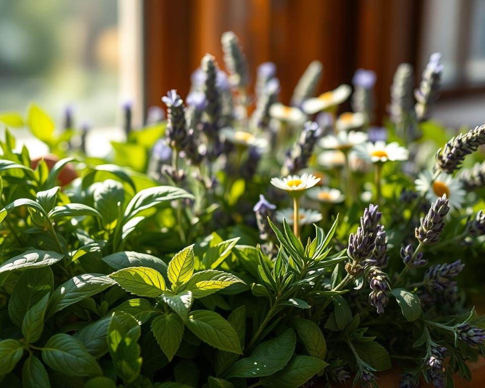 A vibrant arrangement of aromatic herbs, bathed in warm, natural lighting. In the foreground, a cluster of lush green leaves - basil, rosemary, and thyme - their textures inviting touch. In the middle ground, sprigs of fragrant lavender and chamomile flowers, their delicate hues complementing the deeper greens. The background subtly blurred, hinting at a serene, rustic setting - perhaps a well-tended kitchen garden or a sun-dappled windowsill. The overall composition radiates a sense of wellness and vitality, reflecting the remarkable health benefits of these humble, homegrown herbs.