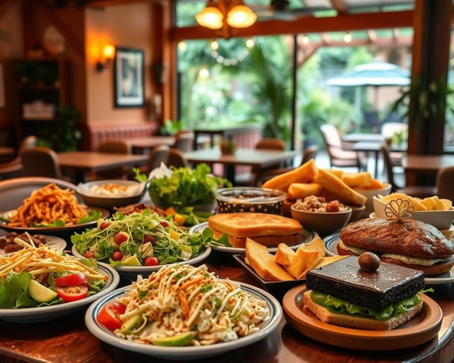 A vibrant arrangement of customer favorite dishes at Garden Cafe Arcadia, showcased in a cozy, inviting ambiance. In the foreground, a table laden with a variety of mouthwatering delicacies - crisp salads, hearty sandwiches, and decadent desserts. The middle ground features the cafe's warm, rustic decor, with wooden accents and soft lighting creating a welcoming atmosphere. In the background, a glimpse of the lush outdoor patio, hinting at the tranquil, garden-like setting that draws customers to this beloved establishment. The overall scene conveys a sense of homemade goodness, quality ingredients, and the satisfying flavors that have made Garden Cafe Arcadia a local favorite.