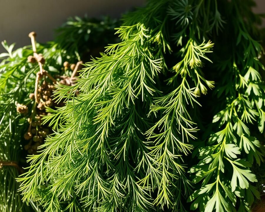 A vibrant arrangement of freshly harvested dill and assorted herbs, beautifully displayed against a soft, natural backdrop. The dill fronds cascade gracefully, their delicate green hues complemented by the varied textures and tones of the accompanying herbs. Sunlight filters through the composition, casting gentle shadows and highlighting the intricate details of the leaves and stems. The overall scene exudes a sense of culinary abundance and the serene atmosphere of a well-tended herb garden, inviting the viewer to appreciate the beauty and versatility of these essential culinary ingredients.