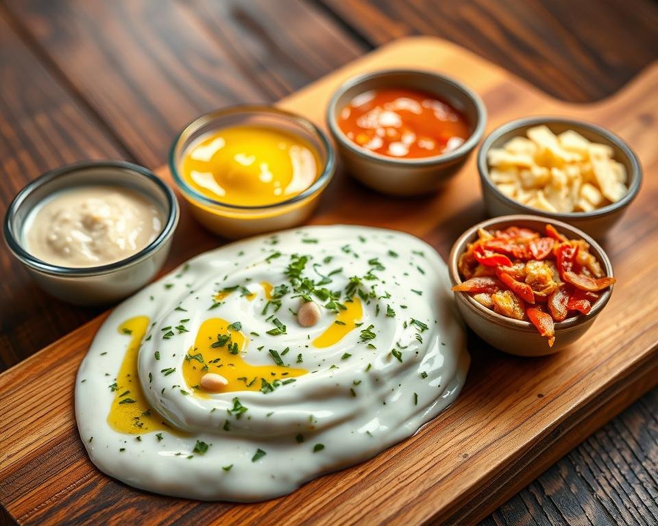 A vibrant array of garlic herb sauce variations, artfully presented on a rustic wooden board. In the foreground, a creamy white sauce with flecks of fresh herbs, drizzled with vibrant green olive oil. Surrounding it, small bowls hold enticing versions - a zesty lemon-infused sauce, a boldly seasoned red pepper-based option, and a rich, cheese-laced rendition. Warm lighting casts a cozy glow, highlighting the varied textures and hues. The overall scene evokes a sense of culinary experimentation and the joy of customizing a signature sauce to one's personal taste.