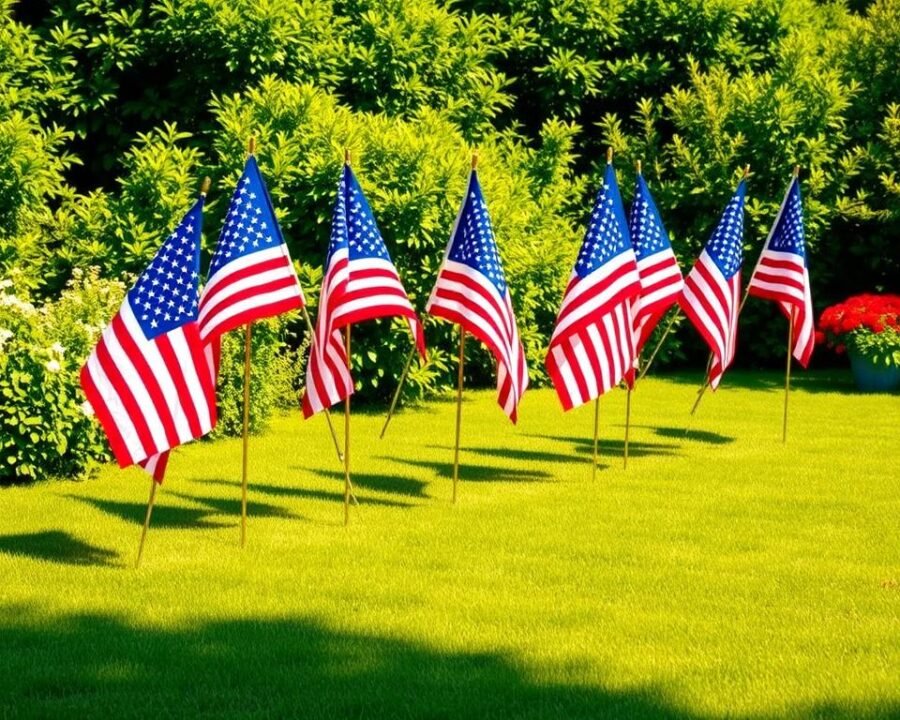 A vibrant array of patriotic garden flags proudly display vivid red, white, and blue designs against a backdrop of lush, verdant foliage. The flags flutter gently in the breeze, their stars and stripes casting dynamic shadows across the well-manicured lawn. The scene is illuminated by warm, golden sunlight, creating a welcoming and celebratory atmosphere. The flags are positioned at various angles, adding depth and visual interest to the composition. The overall impression is one of joyful American pride, perfect for showcasing the features and benefits of these patriotic garden accessories.